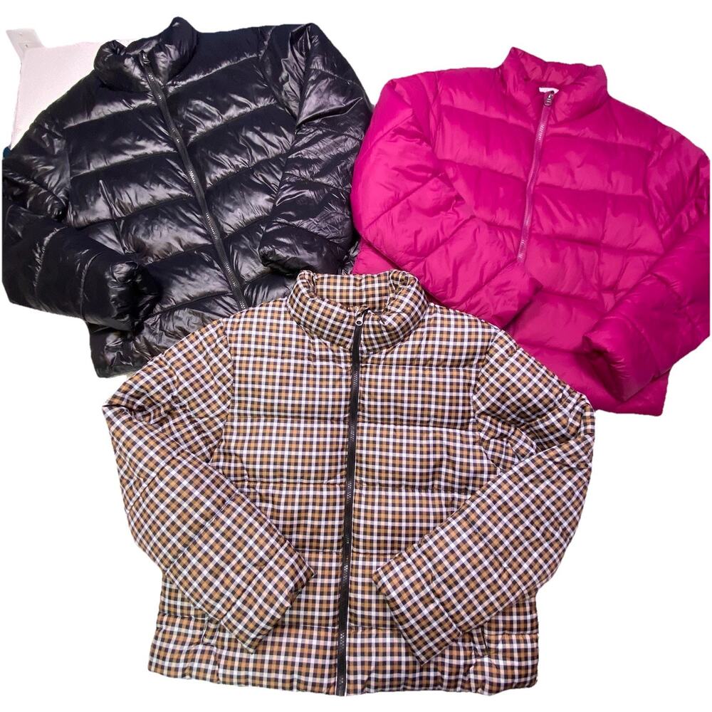 Lot of 3 Time & Tru Puffer Coats Checkered Plaid Black Fuchsia Size Large‎ 12-14